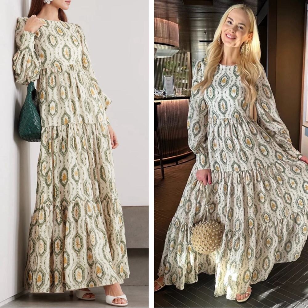 AGUA BY AGUA BENDITA Nuez Calado Long Sleeve Tiered Floral Linen Maxi Dress Sz S